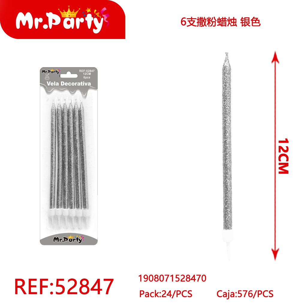 SET DE 6 VELAS CON ESCARCHA, PLATEADO