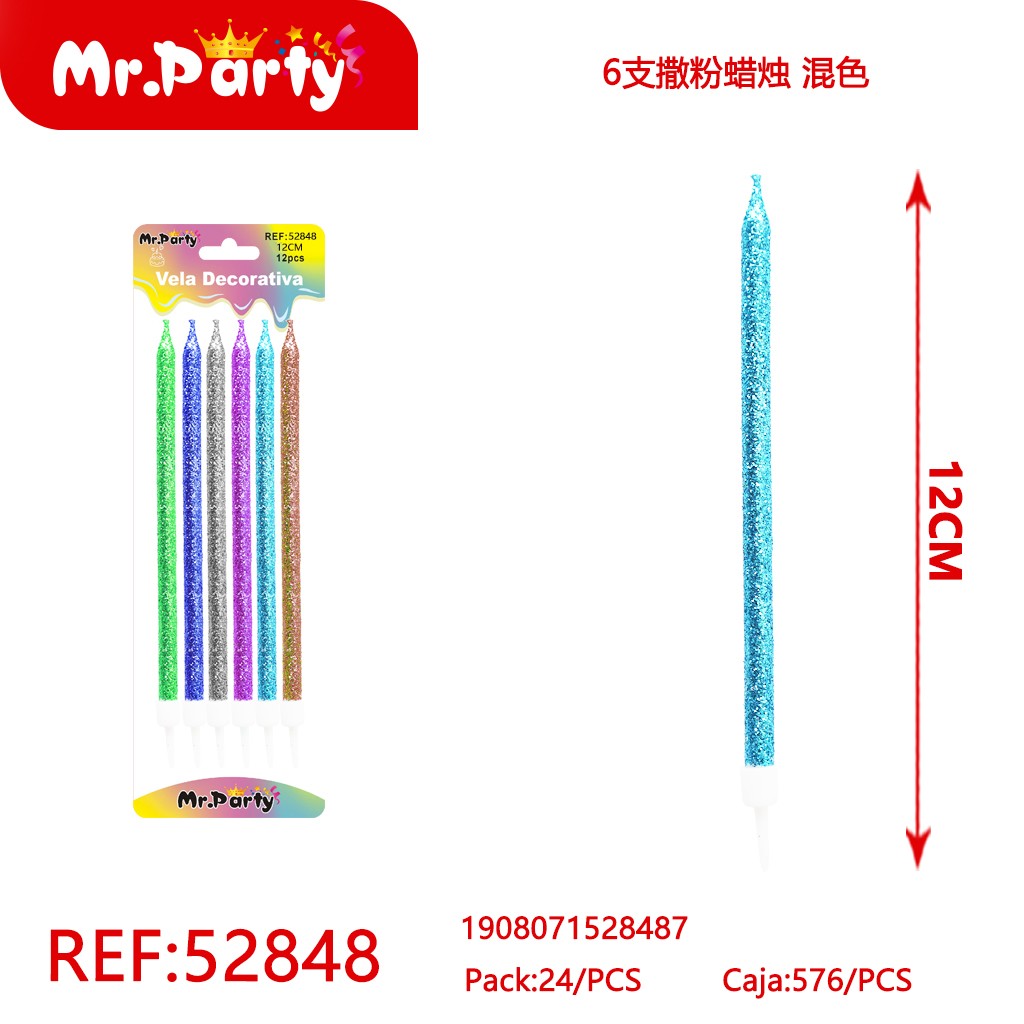 SET DE 6 VELAS CON ESCARCHA, COLORES SURTIDOS