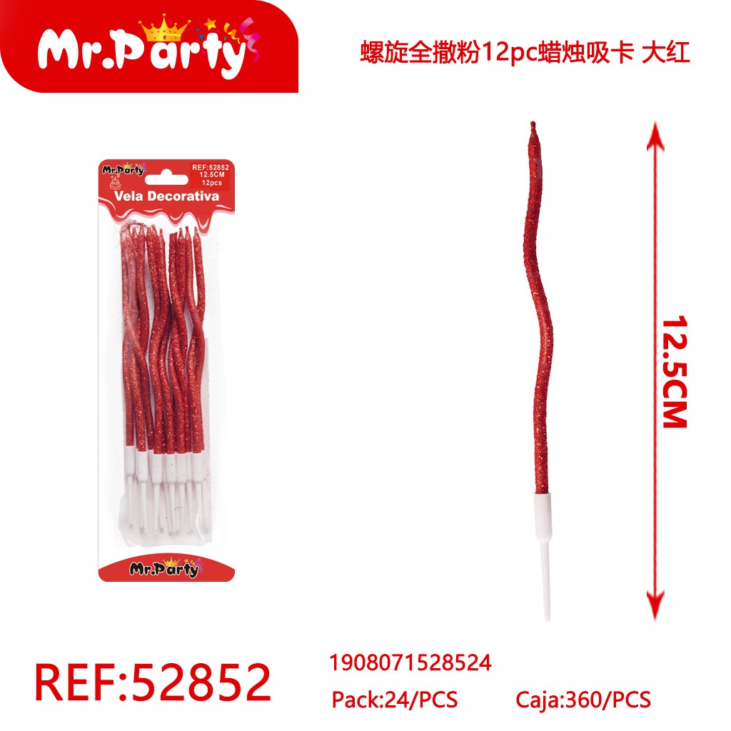 VELAS EN ESPIRAL CON ESCARCHA, 12 PIEZAS, TARJETA DE SUCCIÓN, ROJO INTENSO