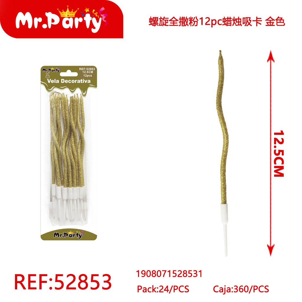 VELAS EN ESPIRAL CON ESCARCHA, 12 PIEZAS, TARJETA DE SUCCIÓN, DORADO