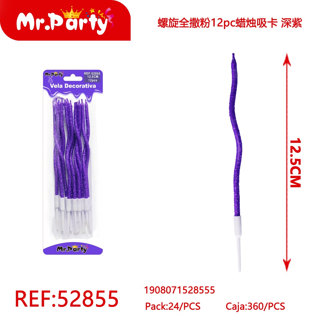 VELAS EN ESPIRAL CON ESCARCHA, 12 PIEZAS, TARJETA DE SUCCIÓN, MORADO OSCURO