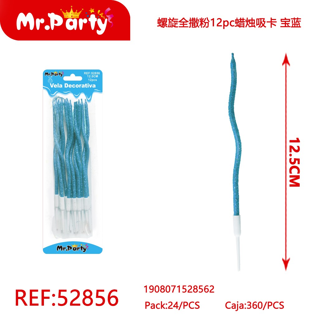 VELAS EN ESPIRAL CON ESCARCHA, 12 PIEZAS, TARJETA DE SUCCIÓN, AZUL REAL