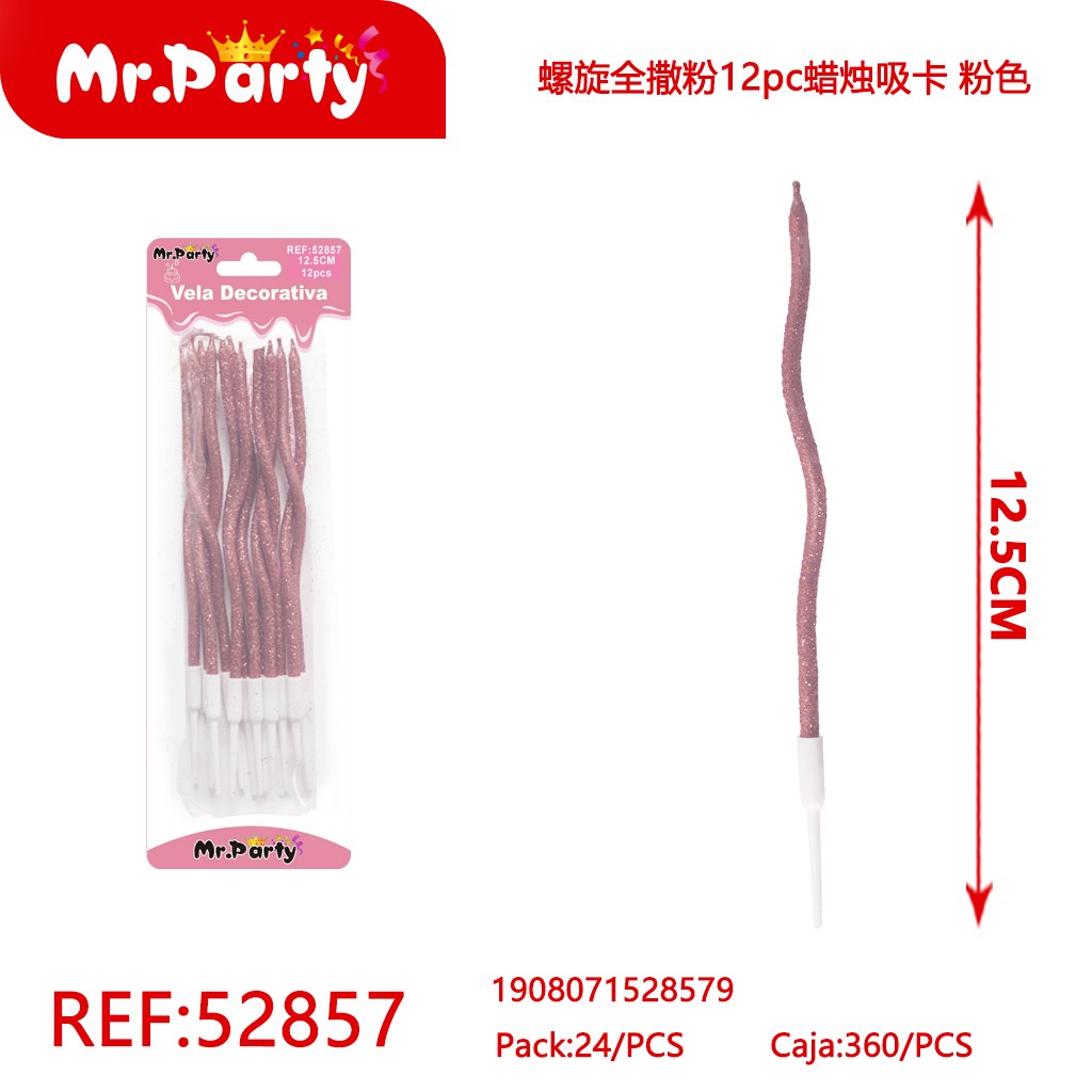 VELAS EN ESPIRAL CON ESCARCHA, 12 PIEZAS, TARJETA DE SUCCIÓN, ROSA