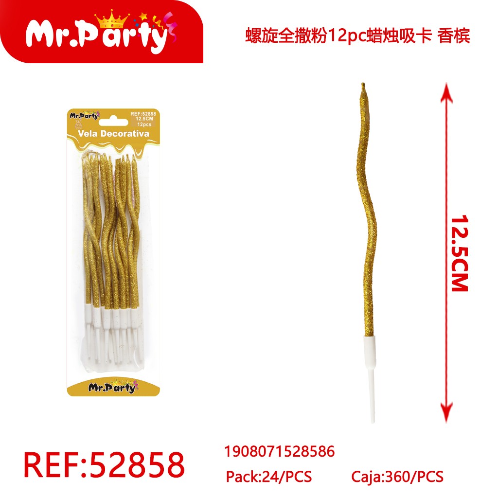 VELAS EN ESPIRAL CON ESCARCHA, 12 PIEZAS, TARJETA DE SUCCIÓN, CHAMPÁN