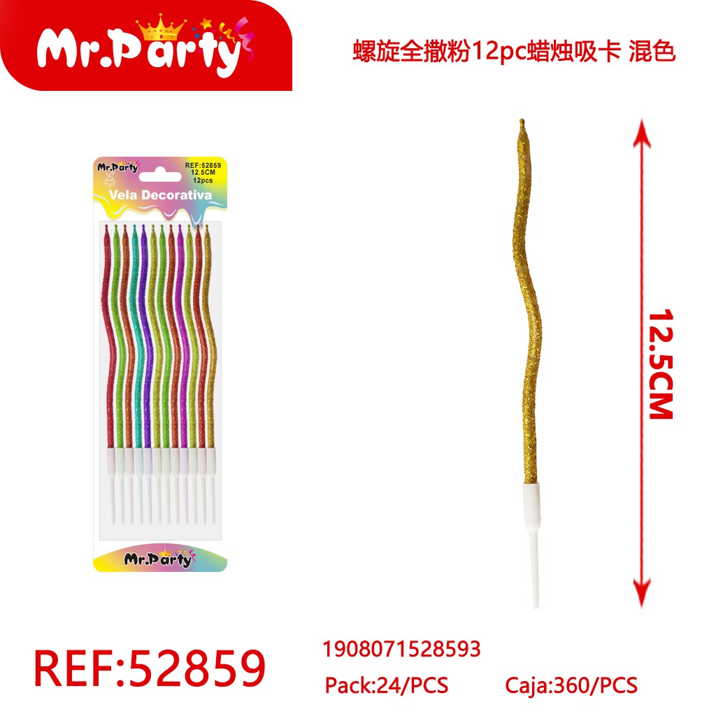 VELAS EN ESPIRAL CON ESCARCHA, 12 PIEZAS, TARJETA DE SUCCIÓN, COLORES SURTIDOS