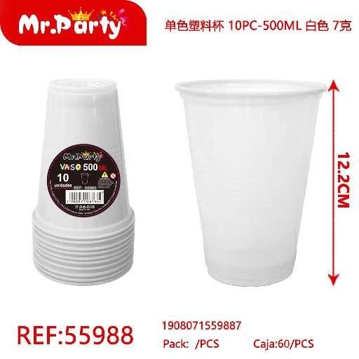 VASOS PLÁSTICOS DE UN SOLO COLOR, 10 PIEZAS - 500ML, BLANCO, 7G